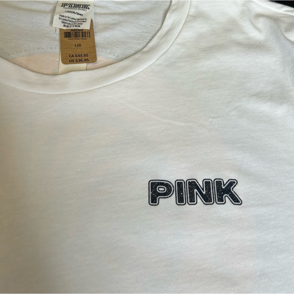 VS PINK White Tee Shirt Glitter Rhinestone Summer Logo Large NWT - Picture 3 of 5